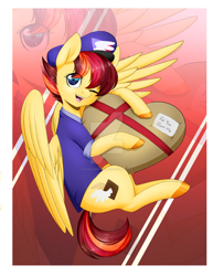 Size: 1024x1325 | Tagged: safe, artist:noodlefreak88, oc, oc only, oc:special delivery, species:pegasus, species:pony, cute, solo, watermark