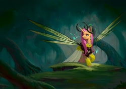 Size: 1754x1240 | Tagged: safe, artist:eosphorite, part of a set, character:fluttershy, character:seabreeze, species:alicorn, species:breezies, species:pony, alicornified, antlers, clothing, element of kindness, female, fluttercorn, forest, halo, insect wings, lidded eyes, male, race swap, raised hoof