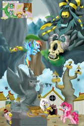 Size: 1000x1500 | Tagged: safe, artist:swanlullaby, character:arimaspi, character:gilda, character:grampa gruff, character:gummy, character:pinkie pie, character:rainbow dash, species:griffon, episode:the lost treasure of griffonstone, g4, my little pony: friendship is magic, abysmal abyss, arimaspi skull, backwards cutie mark, dead, flying, griffonstone, idol of boreas, king grover, open mouth, skull, statue, sugarcube corner, tongue out