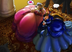 Size: 1280x931 | Tagged: safe, artist:toughset, oc, oc only, oc:help desk, species:anthro, species:sheep, annoyed, big breasts, bighorn sheep, bow, breasts, clothing, dress, evening gloves, female, formal, gloves, gown, interested, looking away, ooh, party, pointing