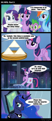 Size: 1288x3000 | Tagged: safe, artist:bredgroup, character:princess celestia, character:princess luna, character:rainbow dash, character:rarity, character:spike, character:twilight sparkle, character:twilight sparkle (alicorn), species:alicorn, species:pony, comic:eg rpg, gamer luna, collectible, comic, crystal empire, mirror, screencap comic, the legend of zelda, triforce