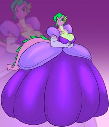 Size: 1105x1280 | Tagged: safe, artist:toughset, character:barb, character:spike, species:anthro, barbara greenscale, big breasts, breasts, busty barb, cleavage, clothing, commission, dress, female, gown, impossibly large dress, older barb, rule 63, solo, zoom layer