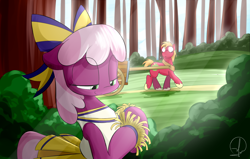 Size: 1700x1080 | Tagged: safe, artist:phuocthiencreation, character:big mcintosh, character:cheerilee, species:earth pony, species:pony, ship:cheerimac, episode:the cart before the ponies, g4, my little pony: friendship is magic, cart, cheeribetes, cheerileeder, cheerleader, clothing, cute, distracted by the sexy, forest, hair bow, macabetes, male, pleated skirt, pom pom, reaction, shipping, signature, skirt, stallion, straight, trotting, working
