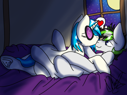 Size: 1024x768 | Tagged: safe, artist:dr-whiskey, character:dj pon-3, character:vinyl scratch, oc, bed, canon x oc, heart, kissing, moon, on bed, shipping, stars, sunglasses, window