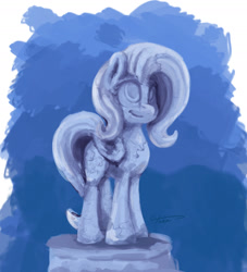 Size: 1800x1985 | Tagged: safe, artist:thefloatingtree, character:fluttershy, newbie artist training grounds, female, folded wings, looking up, monochrome, solo, statue