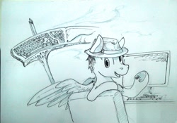 Size: 1280x894 | Tagged: safe, artist:php64, oc, oc only, species:pegasus, species:pony, clothing, fedora, hat, keyboard scythe, monochrome, solo, traditional art