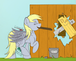 Size: 795x642 | Tagged: safe, artist:inurantchan, character:derpy hooves, species:pegasus, species:pony, newbie artist training grounds, crossover, ed edd n eddy, eyes closed, female, fence, hammer, mare, mouth hold, nails, plank, solo