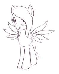 Size: 661x835 | Tagged: safe, artist:fajeh, character:fluttershy, species:pegasus, species:pony, female, filly, filly fluttershy, lineart, looking at you, looking sideways, open mouth, simple background, solo, spread wings, standing, white background, wings, younger