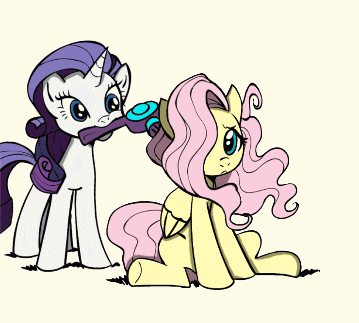 Size: 740x666 | Tagged: safe, artist:colorphiliac, artist:megasweet, artist:szafir87, edit, character:fluttershy, character:rarity, species:pegasus, species:pony, species:unicorn, :<, animated, blinking, cute, duo, female, gif, hair dryer, hair over one eye, mare, mouth hold, raribetes, shyabetes, simple background, sitting, white background