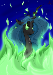 Size: 1190x1683 | Tagged: safe, artist:briarspark, character:queen chrysalis, species:changeling, changeling queen, female, fire, green fire, solo
