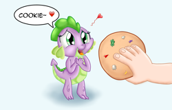 Size: 2600x1667 | Tagged: safe, artist:chiptunebrony, character:barb, character:spike, oc, oc:anon, species:human, adorkable, amber, barbabetes, blue background, brony, cookie, cute, dialogue, disembodied hand, dork, emerald, excited, food, gem, heart, holding, pearl, puppy dog eyes, purple, ruby, rule 63, rule63betes, rupee, shade, simple background, speech bubble, spikabetes, wingdings