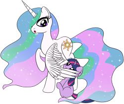 Size: 2000x1684 | Tagged: safe, artist:datapony, character:princess celestia, character:twilight sparkle, duo, filly, filly twilight sparkle, nom, wing bite, younger