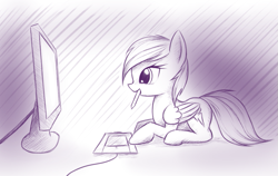 Size: 833x526 | Tagged: safe, artist:fajeh, character:rainbow dash, species:pegasus, species:pony, female, monitor, monochrome, mouth hold, solo, stylus, tablet