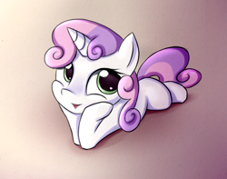 Size: 938x740 | Tagged: safe, artist:fajeh, character:sweetie belle, species:pony, species:unicorn, cute, diasweetes, female, filly, head in hooves, prone, solo, squishy cheeks