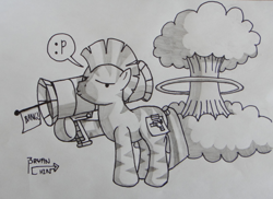 Size: 1280x930 | Tagged: safe, artist:berrypawnch, oc, oc only, oc:mcmiag, species:zebra, duckface, fake cutie mark, missile launcher, monochrome, mushroom cloud, sticky note, traditional art