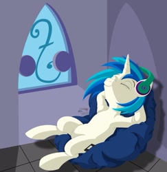 Size: 881x907 | Tagged: safe, artist:inurantchan, character:dj pon-3, character:vinyl scratch, newbie artist training grounds, beanbag chair, female, headphones, relaxing, solo