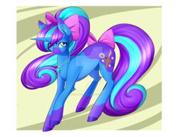 Size: 1024x791 | Tagged: safe, artist:noodlefreak88, oc, oc only, oc:sapphire star, species:pony, species:unicorn, hair bow, multicolored hair, solo, watermark, youtuber