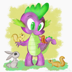 Size: 900x900 | Tagged: safe, artist:swanlullaby, character:spike, species:bird, species:dragon, species:rabbit, animal, male, squirrel