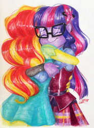 Size: 712x960 | Tagged: safe, artist:antych, character:sunset shimmer, character:twilight sparkle, character:twilight sparkle (scitwi), species:eqg human, my little pony:equestria girls, cute, duo, eyes closed, hug, smiling, traditional art