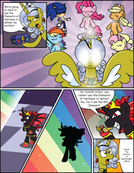 Size: 2563x3313 | Tagged: safe, artist:spacepig22, artist:squishy-and-squashy, artist:t-3000, character:fluttershy, character:princess celestia, character:rainbow dash, character:sonic the hedgehog, oc, oc:squashy, oc:squishy, species:alicorn, species:pony, comic, crossover, elements of harmony, rainbow, sonic the hedgehog (series)