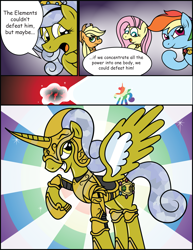 Size: 2563x3313 | Tagged: safe, artist:spacepig22, artist:squishy-and-squashy, artist:t-3000, character:applejack, character:fluttershy, character:rainbow dash, oc, oc:squishy, species:alicorn, species:pony, armor, comic, laser, rainbow, thinking