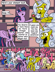 Size: 2550x3300 | Tagged: safe, artist:spacepig22, artist:squishy-and-squashy, artist:t-3000, character:applejack, character:fluttershy, character:pinkie pie, character:princess celestia, character:rainbow dash, character:sonic the hedgehog, character:twilight sparkle, character:twilight sparkle (alicorn), oc, oc:squishy, species:alicorn, species:pony, alicorn oc, crossover, laughing, pun, silly, sonic the hedgehog (series)