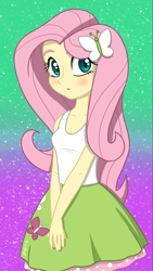 Size: 750x1334 | Tagged: safe, artist:burning-heart-brony, character:fluttershy, my little pony:equestria girls, blushing, clothing, cute, dress, female, hairpin, hands together, phone wallpaper, shyabetes, skirt, solo, tank top