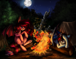 Size: 1600x1249 | Tagged: safe, artist:aschenstern, oc, oc only, species:bat pony, species:pony, baby, baby pony, bag, campfire, commission, fire, foal, full moon, log, night sky, open mouth, sitting, stars, story time, tent, underhoof