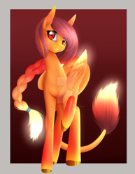 Size: 1024x1325 | Tagged: safe, artist:noodlefreak88, oc, oc only, eye contact, fire pony, glowing hair, glowing wings, hybrid, multicolored hair, red eyes, solo, watermark