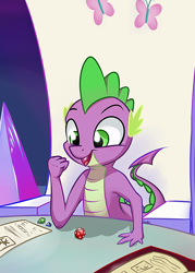Size: 1000x1400 | Tagged: safe, artist:fanch1, character:spike, episode:dungeons & discords, book, crystal, cutie mark, d20, dice, dungeons and dragons, friendship throne, happy, male, ogres and oubliettes, open mouth, solo, throne, winning
