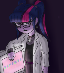 Size: 540x617 | Tagged: safe, artist:kul, character:twilight sparkle, character:twilight sparkle (scitwi), species:eqg human, my little pony:equestria girls, choker, clothing, computer, fishnets, goth, harambe, lab coat, ncis, pigtails, twintails