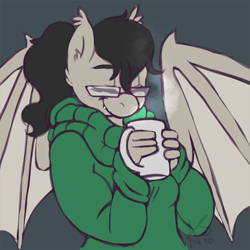 Size: 1000x1000 | Tagged: safe, artist:curiouskeys, oc, oc only, oc:titty sprinkles, species:anthro, species:bat pony, anthro oc, bat pony oc, clothing, coffee, commission, eyes closed, glasses, solo, spread wings, steam, sweater, wings