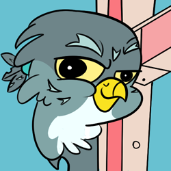 Size: 500x500 | Tagged: safe, artist:creepycurse, character:gabby, species:griffon, behaving like a cat, blue background, catbird, derp, female, lidded eyes, looking at you, meme, puss gets the boot, raised eyebrow, simple background, smiling, smirk, solo, that face, that fucking cat, tom and jerry