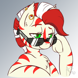 Size: 1000x1000 | Tagged: safe, artist:curiouskeys, oc, oc only, oc:zeze, species:zebra, bust, colored pupils, commission, gages, piercing, solo, sunglasses