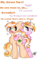 Size: 640x960 | Tagged: safe, artist:thepegasisterpony, oc, oc only, species:pony, species:unicorn, blushing, dialogue, misunderstanding, simple background, transparent background