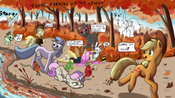 Size: 1920x1080 | Tagged: safe, artist:aemantaslim, artist:ailynd, artist:brainflowcrash, artist:living_dead, artist:strangersaurus, character:angel bunny, character:applejack, character:derpy hooves, character:fluttershy, character:march gustysnows, character:rainbow dash, character:sweetie belle, character:twilight sparkle, species:earth pony, species:pegasus, species:pony, species:unicorn, :c, :t, alcohol, armor, beer, blep, clothing, confused, dialogue, dirty, dirty hooves, drawpile disasters, eyepatch, female, flying, frown, glare, hat, jacket, leaf, leaves, looking back, mare, mud, muddy, open mouth, prone, raised eyebrow, raised hoof, running, running of the leaves, shirt, smiling, speech bubble, spread wings, thought bubble, tired, tongue out, ushanka, wat, wings, zombie