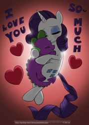 Size: 1500x2100 | Tagged: safe, artist:burning-heart-brony, character:rarity, character:spike, heart, hug, male, straight, text