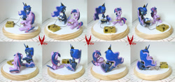 Size: 3386x1582 | Tagged: safe, artist:viistar, character:princess luna, character:twilight sparkle, character:twilight sparkle (alicorn), species:alicorn, species:pony, controller, craft, floppy ears, game console, grin, nintendo, nintendo entertainment system, open mouth, sculpture, sitting, smiling, the legend of zelda, traditional art, triforce