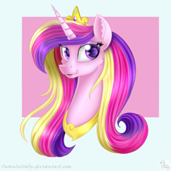 Size: 700x700 | Tagged: safe, artist:swanlullaby, character:princess cadance, species:alicorn, species:pony, bust, female, jewelry, looking at you, portrait, smiling, solo, three quarter view