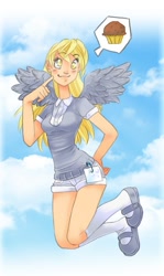 Size: 513x858 | Tagged: safe, artist:zoe-productions, character:derpy hooves, species:human, 2010s, 2012, ambiguous race, blushing, bubble, chocolate, clothing, colored pupils, cute, denim shorts, female, flying, hand on hip, happy, humanized, knee high socks, kneesocks, muffin, shirt, shorts, silly, sky, smiling, socks, solo, t-shirt, tomboy, uniform, winged humanization, wings, yellow eyes, yellow hair