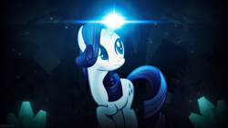 Size: 1920x1080 | Tagged: safe, artist:baumkuchenpony, artist:drakesparkle44, character:rarity, species:pony, species:unicorn, cave, crystal, dark, exploring, female, glowing horn, lens flare, light, magic, mare, solo, vector, wallpaper