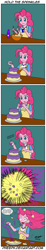 Size: 455x2453 | Tagged: safe, artist:pheeph, character:pinkie pie, old master q, equestria girls:legend of everfree, g4, my little pony: equestria girls, my little pony:equestria girls, apron, cake, clothing, comic, explosion, food, parody, sprinkles