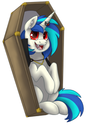 Size: 2079x2994 | Tagged: safe, artist:darkodraco, character:dj pon-3, character:vinyl scratch, species:pony, species:unicorn, coffin, fangs, female, horn, looking at you, mare, open mouth, simple background, singing, solo, transparent background, vampire
