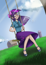 Size: 1500x2100 | Tagged: safe, artist:burning-heart-brony, character:twilight sparkle, species:human, bow, clothing, female, glasses, hair bow, humanized, long skirt, looking at you, necktie, shirt, shoes, skirt, smiling, solo, sweet apple acres, swing