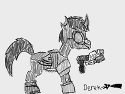 Size: 640x480 | Tagged: safe, artist:derek the metagamer, oc, oc only, oc:emerald rook, species:changeling, armor, art academy, changeling oc, digital art, doomcolt, doomguy, dragoning, grayscale, monochrome, pencil, solo, super soaker, wings