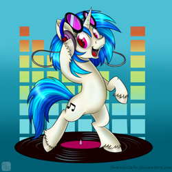 Size: 800x800 | Tagged: safe, artist:swanlullaby, character:dj pon-3, character:vinyl scratch, species:pony, species:unicorn, abstract background, bipedal, colored hooves, cutie mark, female, good trick, headphones, hooves, horn, looking at you, magenta eyes, mare, open mouth, record, solo, spinning, sunglasses, teeth, unshorn fetlocks
