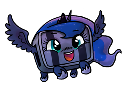 Size: 717x510 | Tagged: safe, artist:zicygomar, character:princess luna, balrog (cave story), cave story, cute, female, flying, huzzah, looking at you, lunabetes, open mouth, parody, simple background, smiling, solo, spread wings, toaster, wings