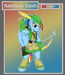 Size: 1688x1950 | Tagged: safe, artist:brownie-bytes, character:rainbow dash, species:anthro, archer dash, arrow, bow (weapon), bow and arrow, clothing, crossover, female, final fantasy, knife, ranger, solo, weapon