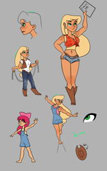 Size: 1024x1638 | Tagged: safe, artist:joan-grace, character:apple bloom, character:applejack, species:human, barefoot, belly button, clothing, daisy dukes, dungarees, feet, freckles, front knot midriff, humanized, jeans, midriff, pants, rope, shirt, shorts, simple background, vest