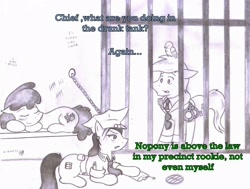 Size: 2779x2098 | Tagged: safe, artist:poseidonathenea, character:berry punch, character:berryshine, oc, oc:matilda, drunk, jail, monochrome, pencil drawing, police officer, police pony, traditional art